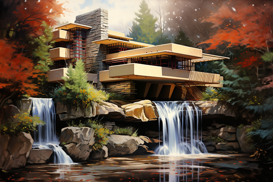 A picturesque illustration of Frank Lloyd Wright's Fallingwater, showcasing the harmony between the house and the waterfall beneath, set in a lush, green forest during autumn