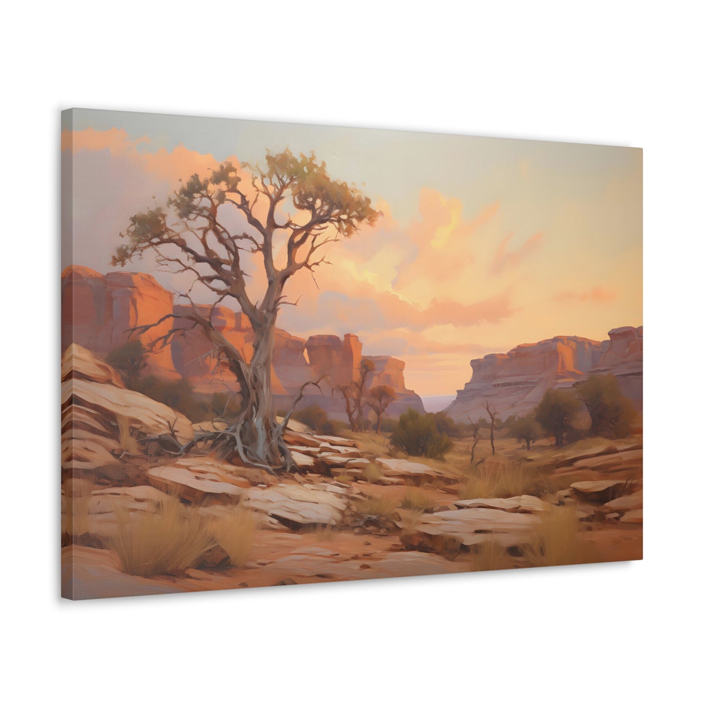 Tree at Dusk in the Desert Canyon - Impressionist Digital Canvas Art - Digital Oil Painting Artwork - Craftsman Style Wall Art