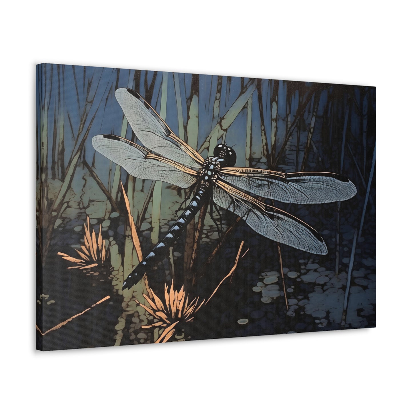 Linocut-Style Blue Dragonfly at the Pond - Impressionist Digital Canvas Art - Digital Oil Painting Artwork - Craftsman Style Wall Art