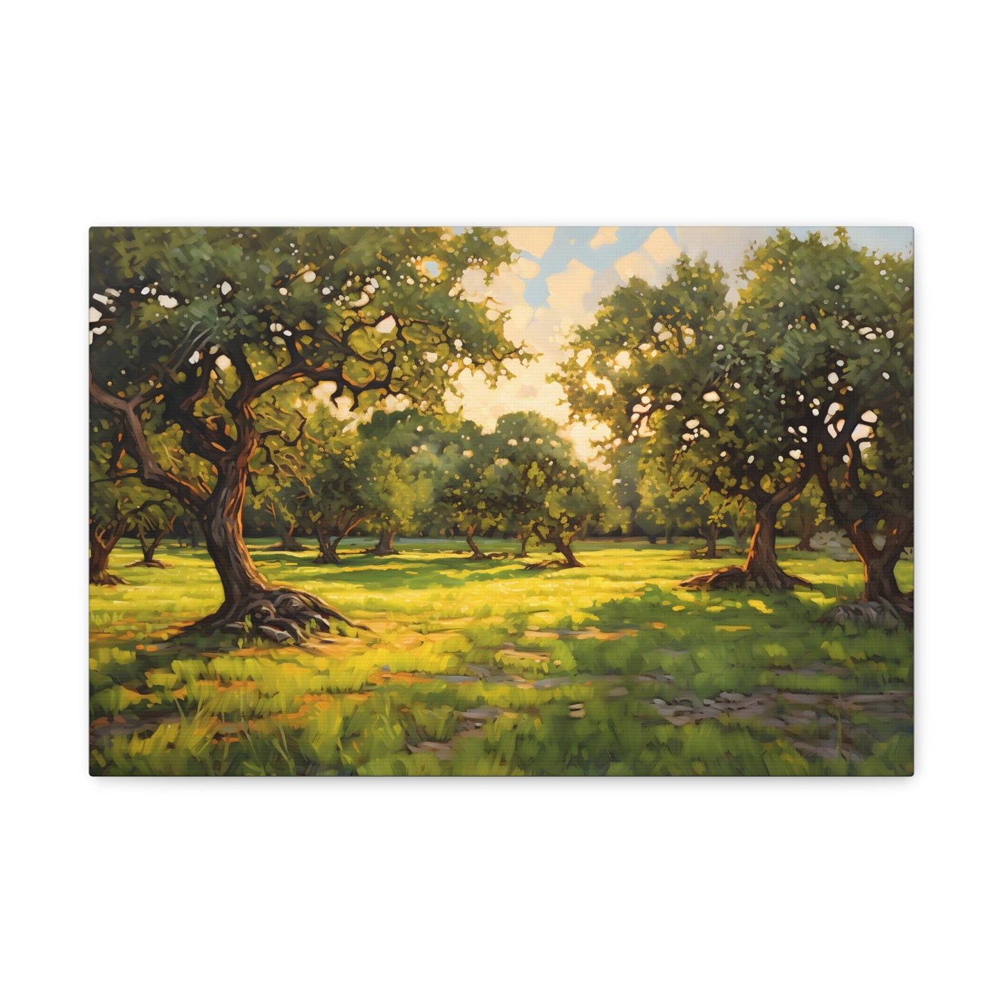 Apple Orchard at Dawn Canvas Art - Digital Oil Painting Artwork - Perfect for Craftsman Style Homes