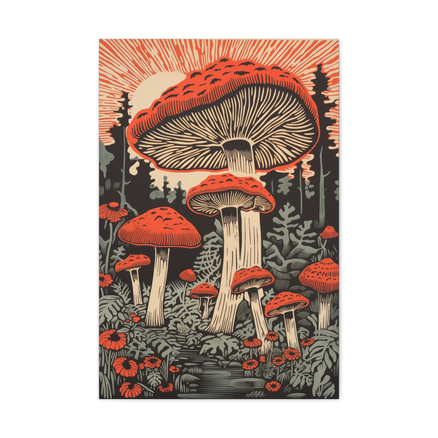 Enchanting Red Mushrooms in a Forest Grove - Digital Art on Canvas, Mission Style, Arts and Crafts style, Linocut Mushroom Art