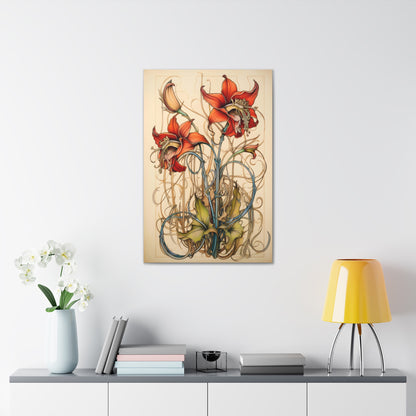 Premium Art Nouveau Style Red Columbine Canvas Art Print - Perfect for Craftsman Style Homes