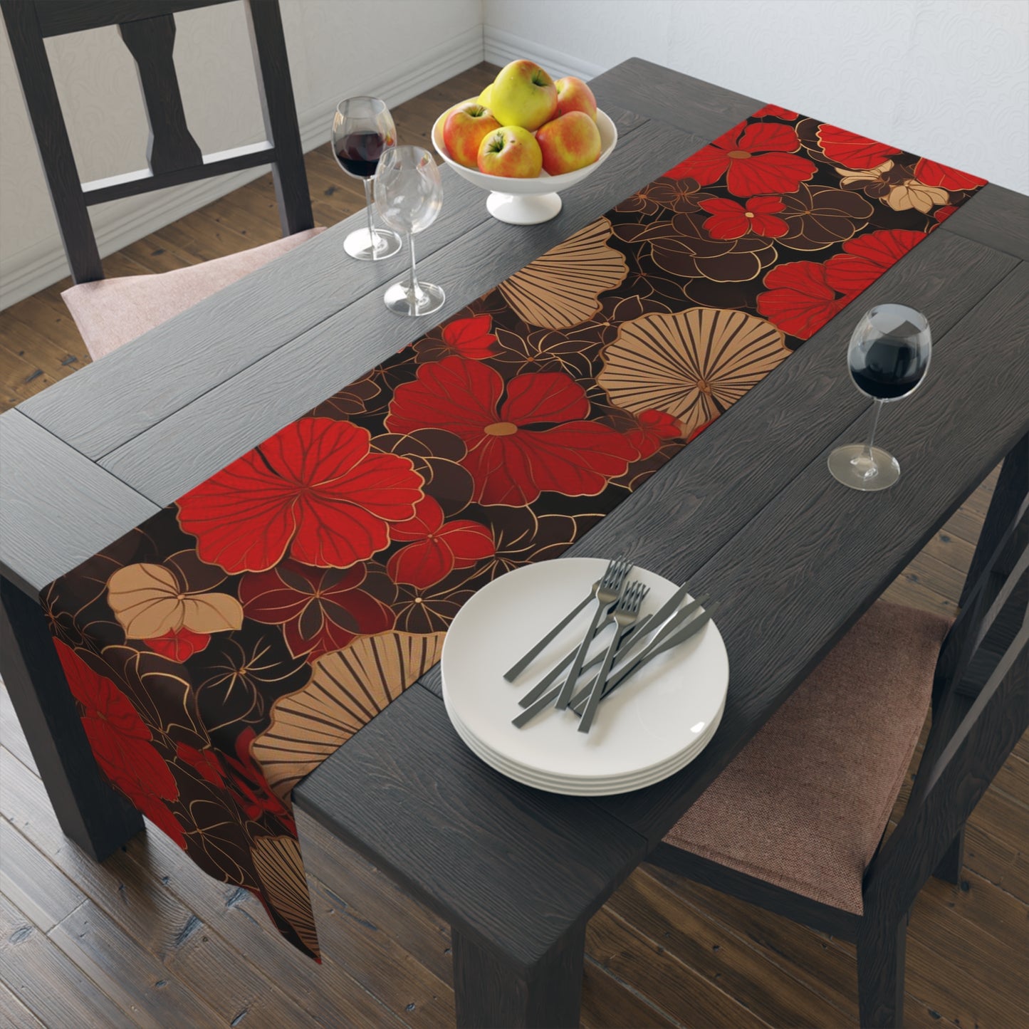 Japanese Chiyogami Fans and Blossom Design - Japanese Arts and Crafts Style Table Runner - Mission Style - Craftsman Style - v2MWM