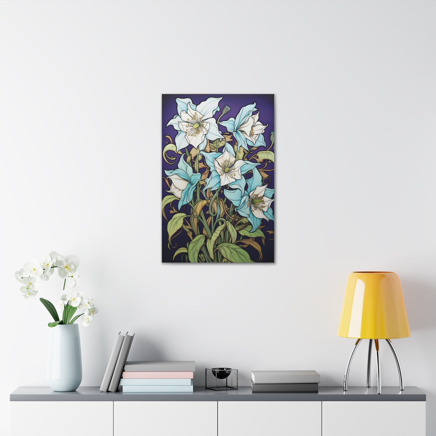 Premium Art Nouveau Style Blue Columbine Canvas Art Print - Perfect for Craftsman Style Homes