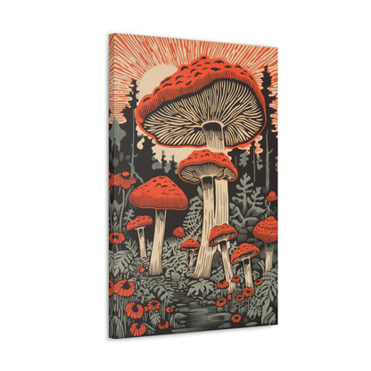 Enchanting Red Mushrooms in a Forest Grove - Digital Art on Canvas, Mission Style, Arts and Crafts style, Linocut Mushroom Art