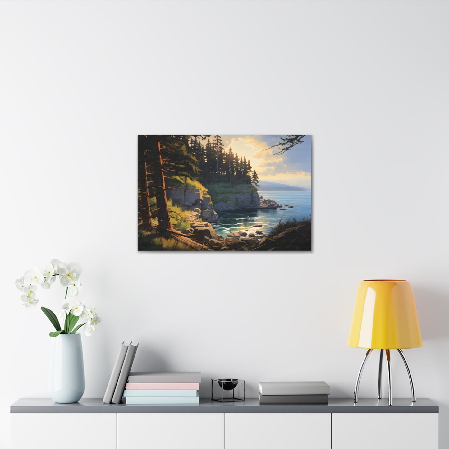 Impressionist Cliffside Pines Canvas Art - Digital Oil Painting Artwork - Perfect for Craftsman Style Homes