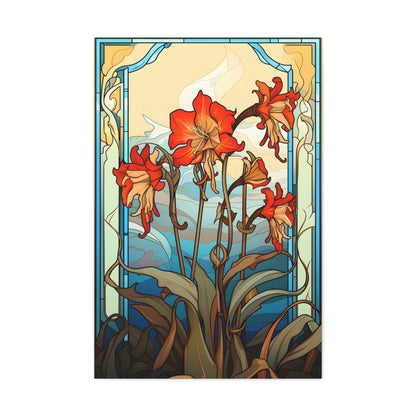 Premium Art Nouveau Style Red Columbine Canvas Art Print - Perfect for Craftsman Style Homes