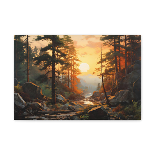 Soothing Sunset Creek in the Woods Canvas Art - Digital Oil Painting Artwork - Perfect for Craftsman Style Homes