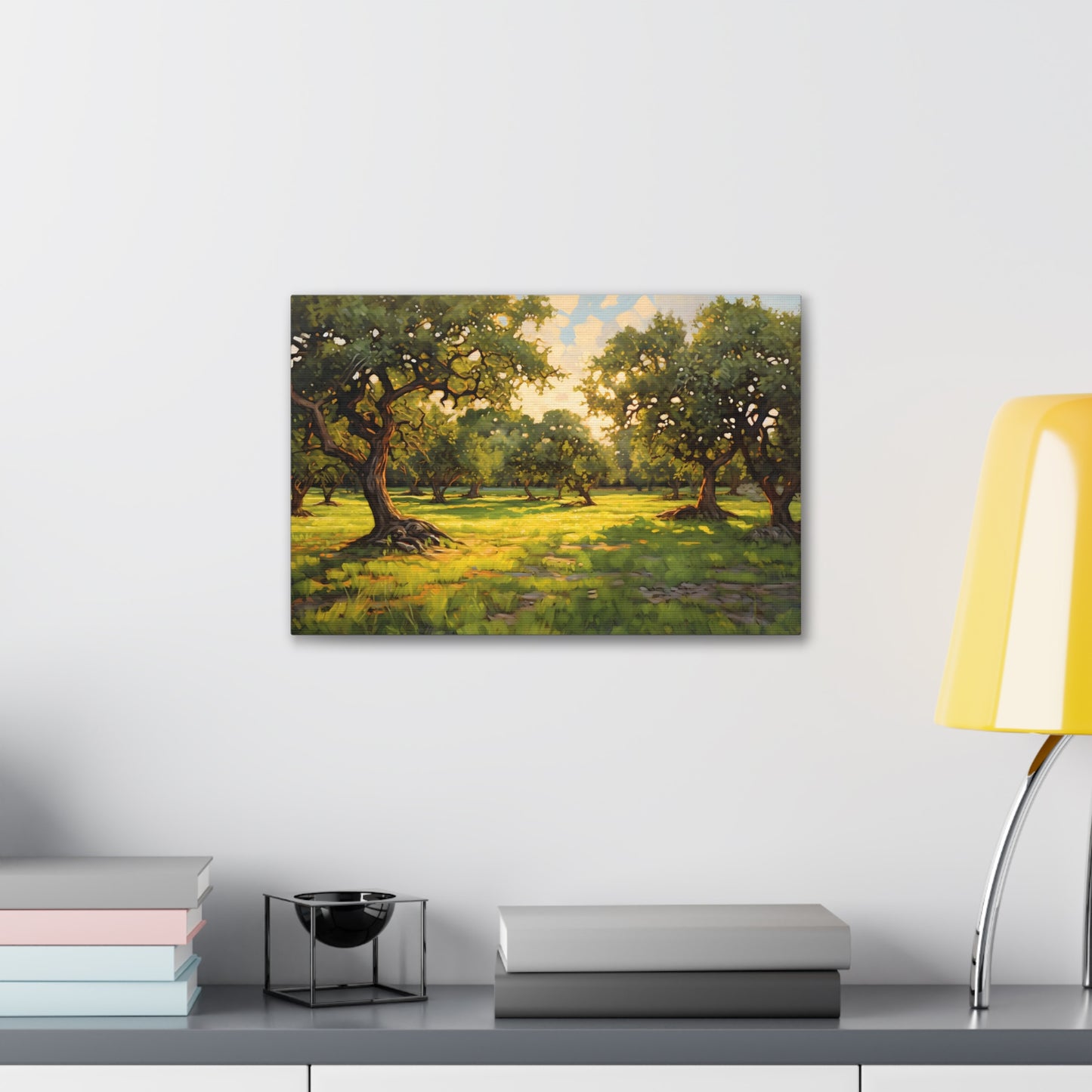 Apple Orchard at Dawn Canvas Art - Digital Oil Painting Artwork - Perfect for Craftsman Style Homes