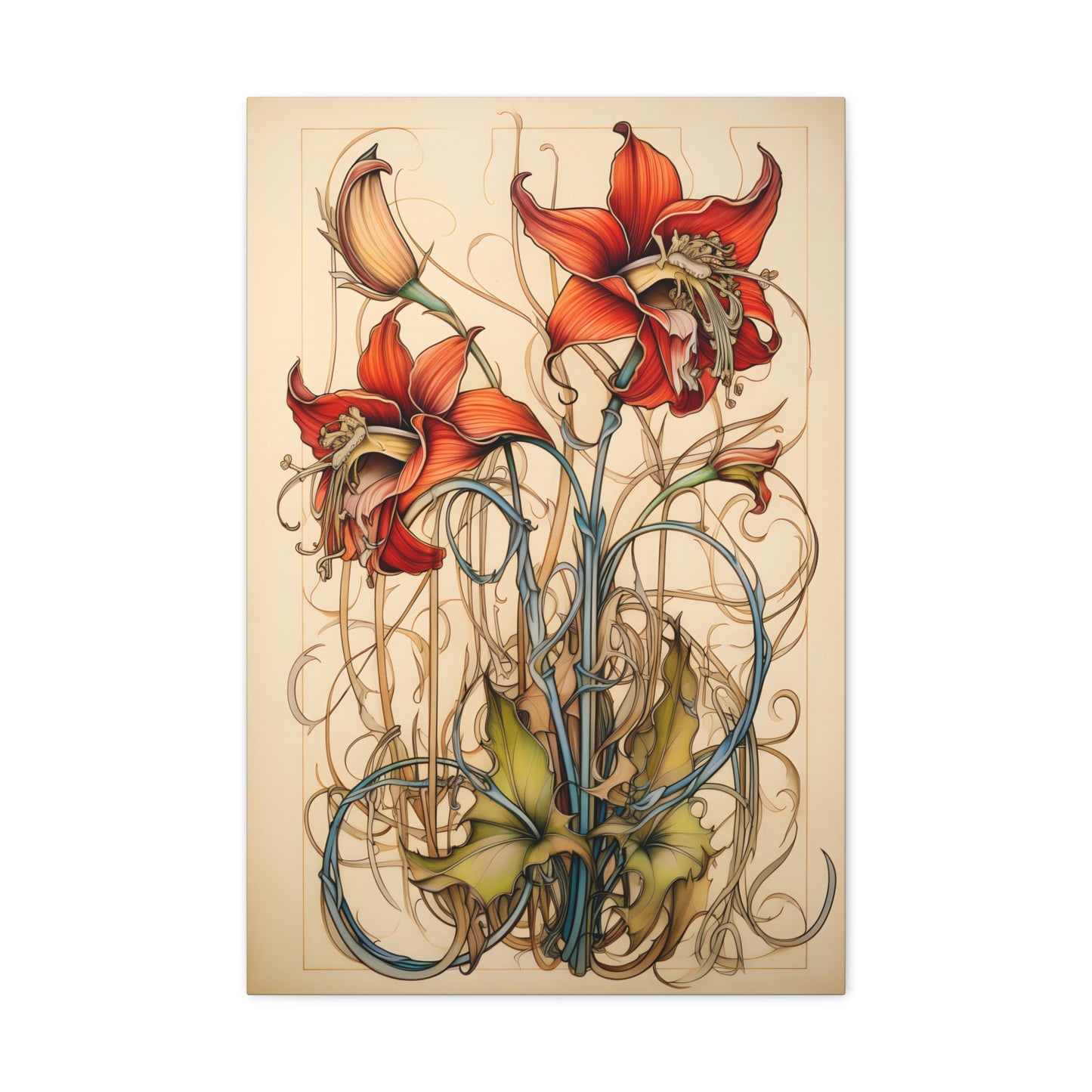 Premium Art Nouveau Style Red Columbine Canvas Art Print - Perfect for Craftsman Style Homes