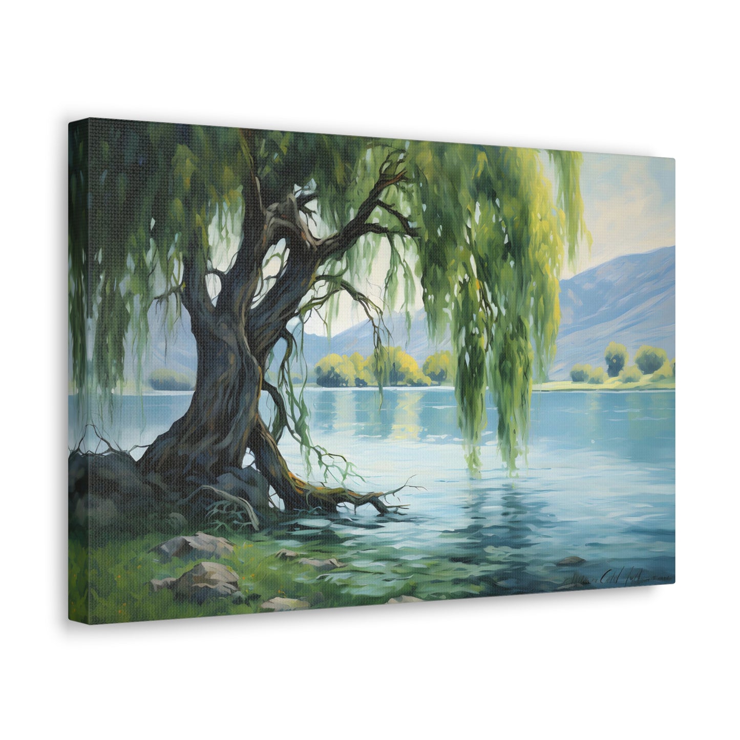 Lakeside Weeping Willow - Impressionist Digital Canvas Art - Digital Oil Painting Artwork - Craftsman Style Wall art