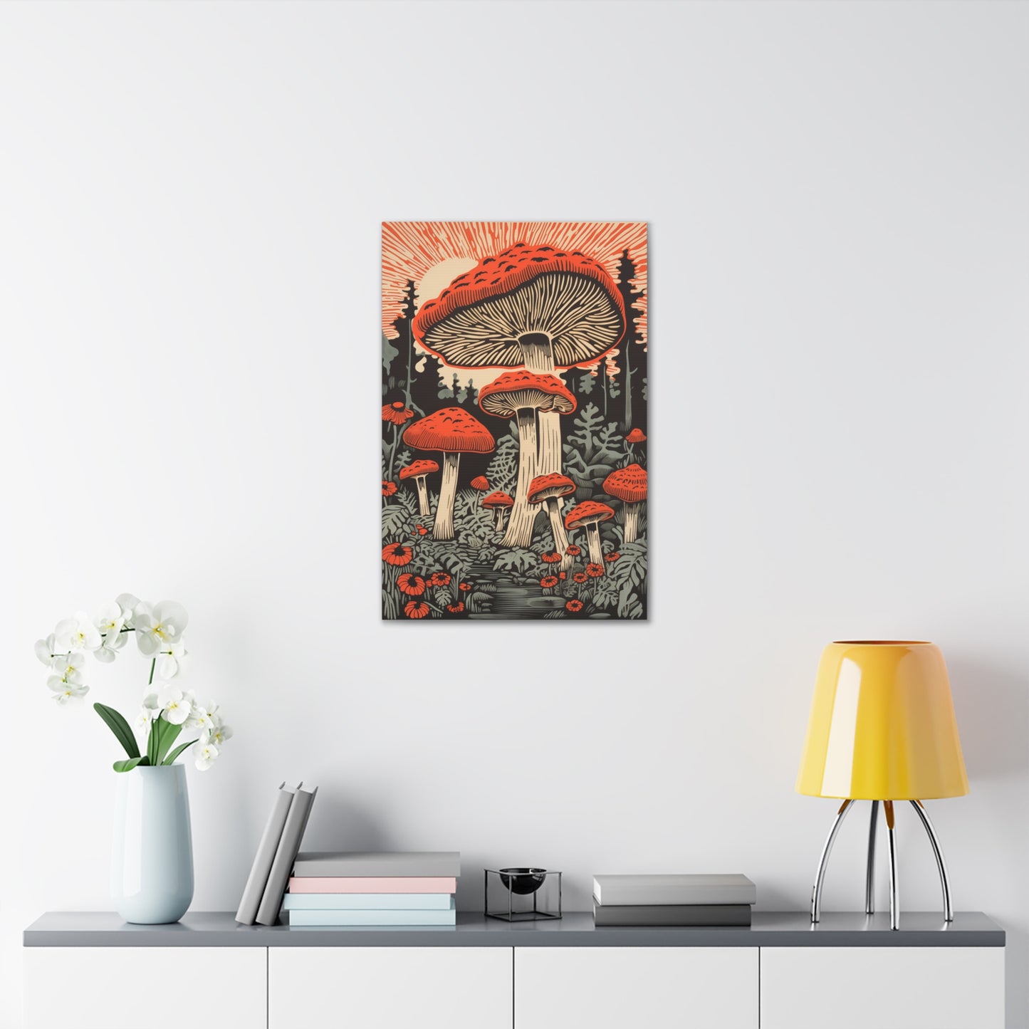 Enchanting Red Mushrooms in a Forest Grove - Digital Art on Canvas, Mission Style, Arts and Crafts style, Linocut Mushroom Art