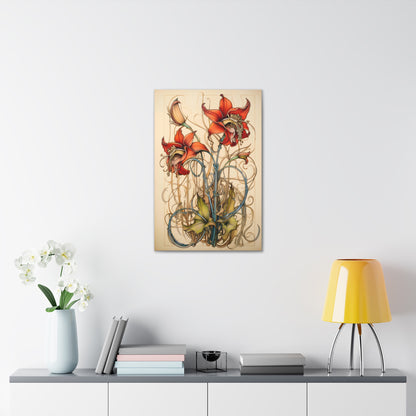 Premium Art Nouveau Style Red Columbine Canvas Art Print - Perfect for Craftsman Style Homes