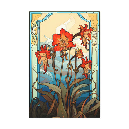 Premium Art Nouveau Style Red Columbine Canvas Art Print - Perfect for Craftsman Style Homes