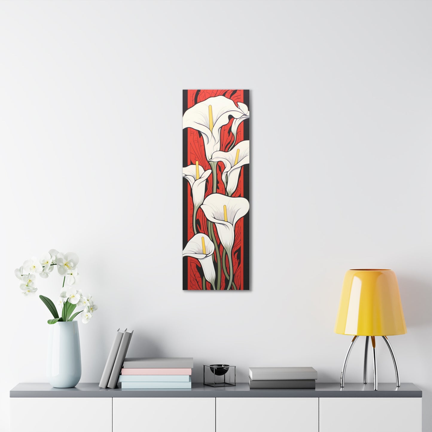 Premium Art Nouveau Style Vertical Tall Cala Lily Canvas Art Print - Red and Black - Perfect for Craftsman Style Homes