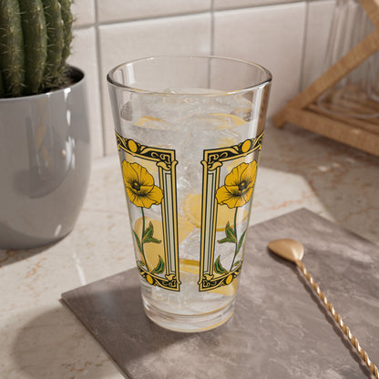 Art Deco Yellow Poppy Mixer Tumbler - 16oz Mixer Tumbler Bar Glass, Frank Lloyd Wright Glassware