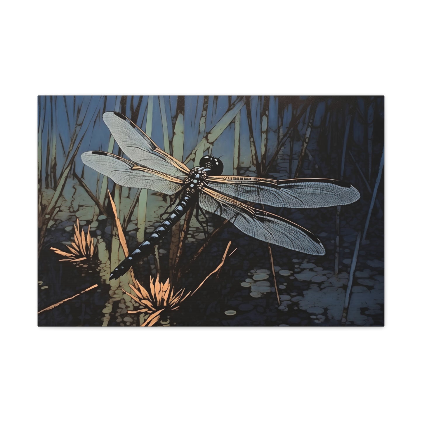 Linocut-Style Blue Dragonfly at the Pond - Impressionist Digital Canvas Art - Digital Oil Painting Artwork - Craftsman Style Wall Art