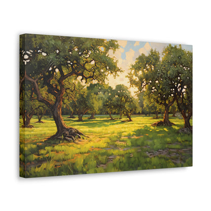 Apple Orchard at Dawn Canvas Art - Digital Oil Painting Artwork - Perfect for Craftsman Style Homes