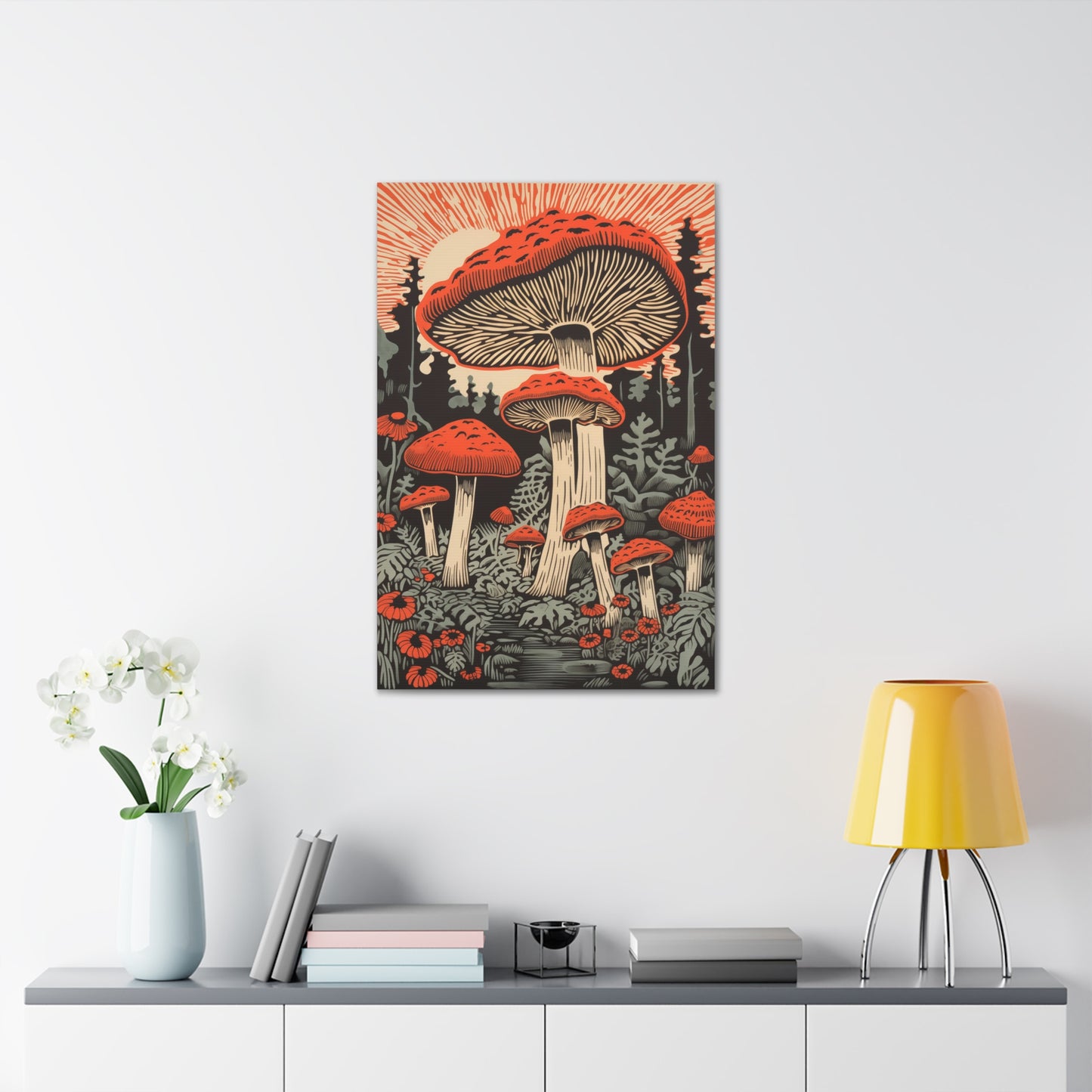 Enchanting Red Mushrooms in a Forest Grove - Digital Art on Canvas, Mission Style, Arts and Crafts style, Linocut Mushroom Art