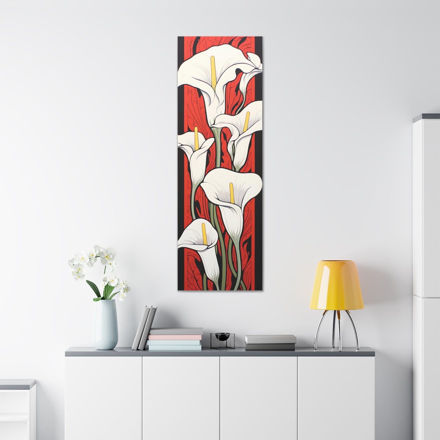 Premium Art Nouveau Style Vertical Tall Cala Lily Canvas Art Print - Red and Black - Perfect for Craftsman Style Homes