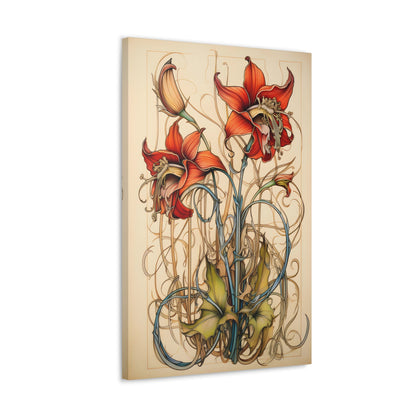 Premium Art Nouveau Style Red Columbine Canvas Art Print - Perfect for Craftsman Style Homes