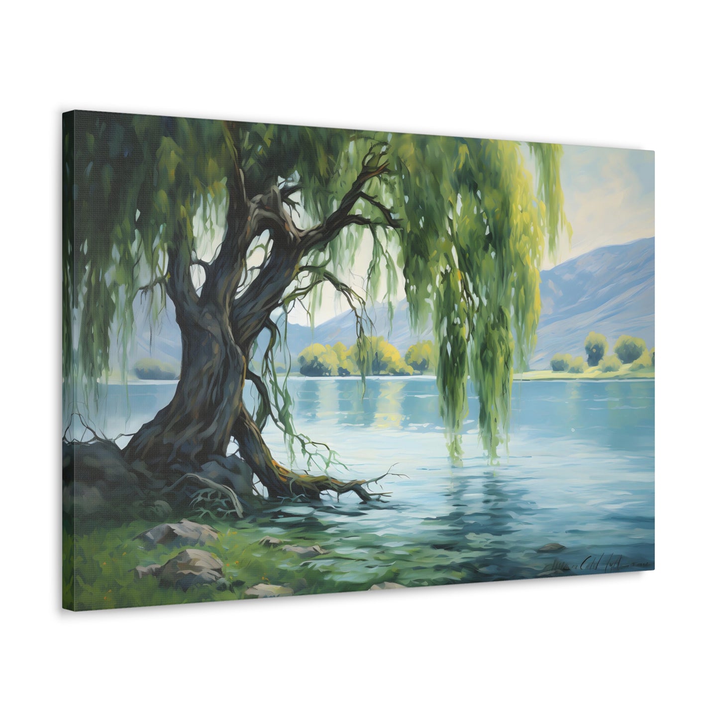 Lakeside Weeping Willow - Impressionist Digital Canvas Art - Digital Oil Painting Artwork - Craftsman Style Wall art