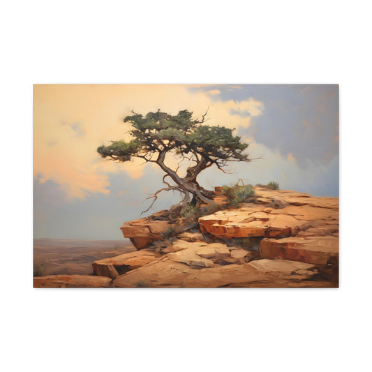 Cliffside Tree in the Desert - Impressionist Digital Canvas Art - Digital Oil Painting Artwork - Craftsman Style Wall Art