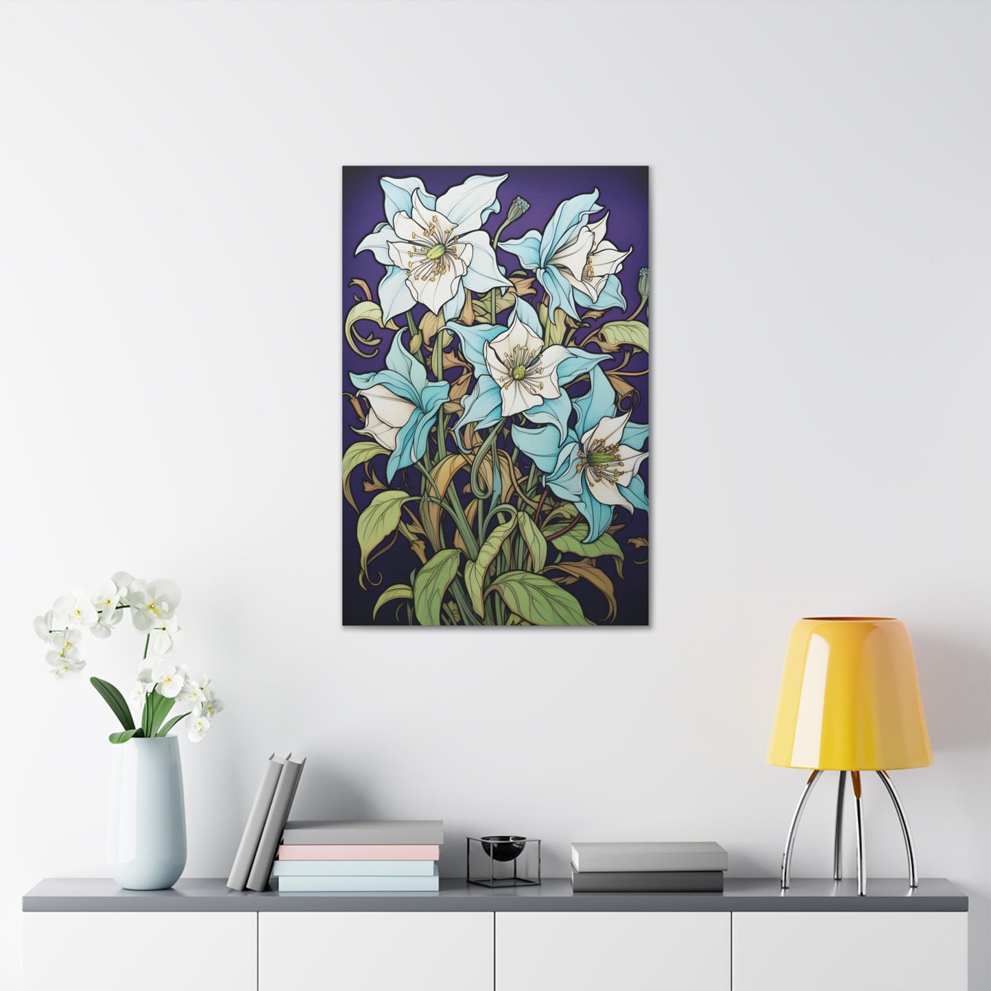 Premium Art Nouveau Style Blue Columbine Canvas Art Print - Perfect for Craftsman Style Homes