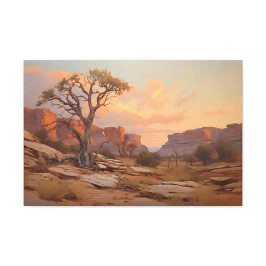 Tree at Dusk in the Desert Canyon - Impressionist Digital Canvas Art - Digital Oil Painting Artwork - Craftsman Style Wall Art