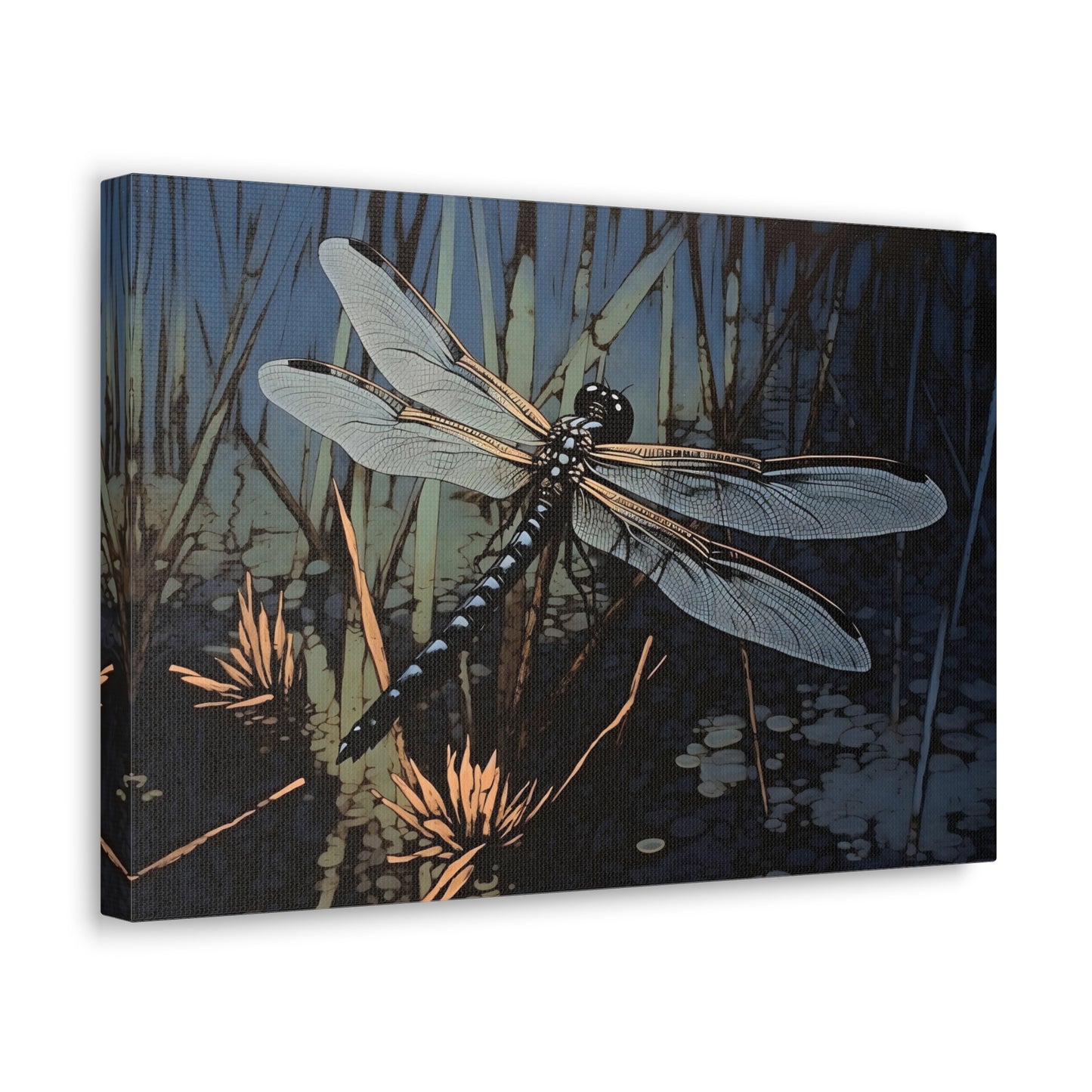 Linocut-Style Blue Dragonfly at the Pond - Impressionist Digital Canvas Art - Digital Oil Painting Artwork - Craftsman Style Wall Art