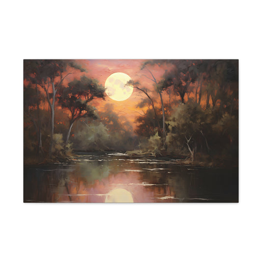 Moonlit Pond Amidst Trees - Impressionist Digital Canvas Art - Digital Oil Painting Artwork - Craftsman Style Wall art