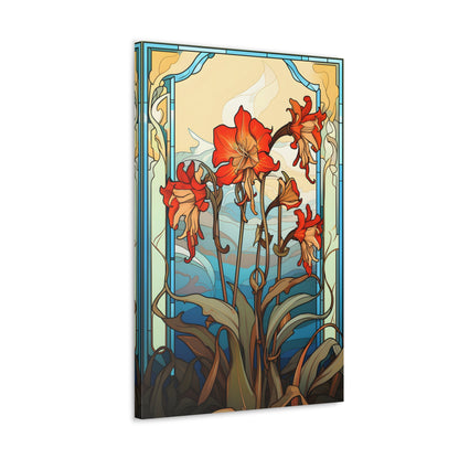 Premium Art Nouveau Style Red Columbine Canvas Art Print - Perfect for Craftsman Style Homes