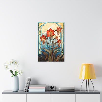 Premium Art Nouveau Style Red Columbine Canvas Art Print - Perfect for Craftsman Style Homes