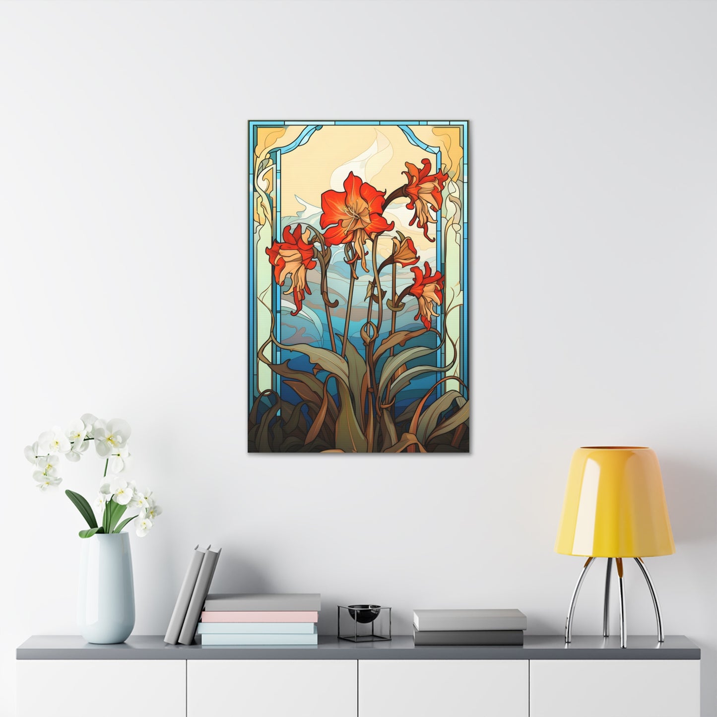 Premium Art Nouveau Style Red Columbine Canvas Art Print - Perfect for Craftsman Style Homes