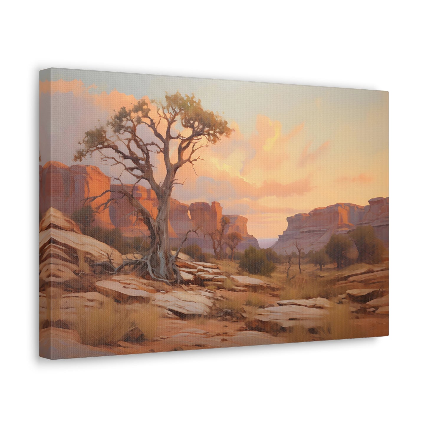 Tree at Dusk in the Desert Canyon - Impressionist Digital Canvas Art - Digital Oil Painting Artwork - Craftsman Style Wall Art