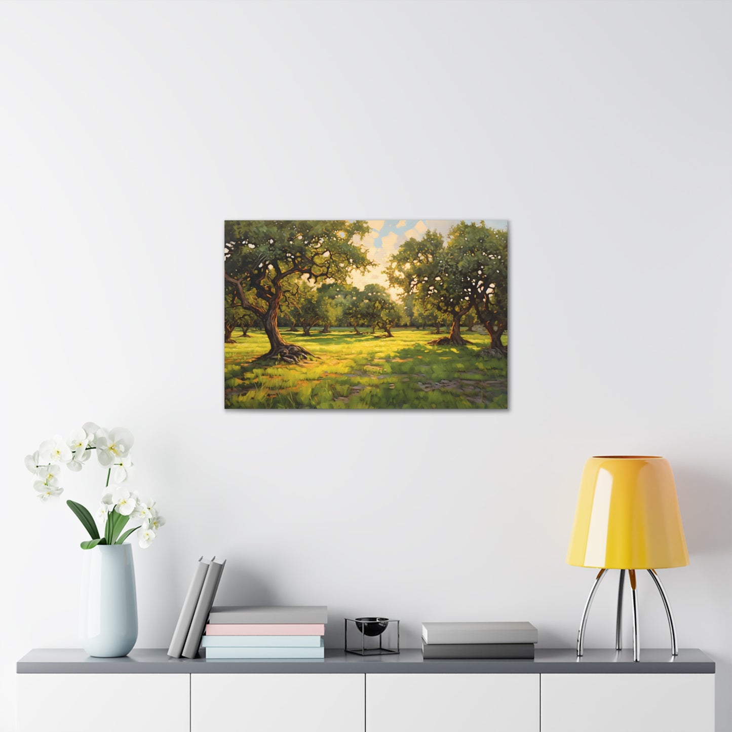 Apple Orchard at Dawn Canvas Art - Digital Oil Painting Artwork - Perfect for Craftsman Style Homes