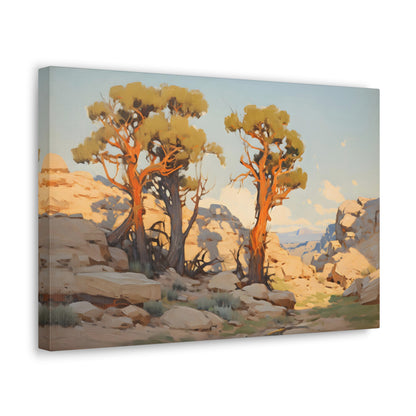 Outcrop of Trees in a Desert Dusk Oasis - Impressionist Digital Canvas Art - Digital Oil Painting Artwork - Craftsman Style Wall Art