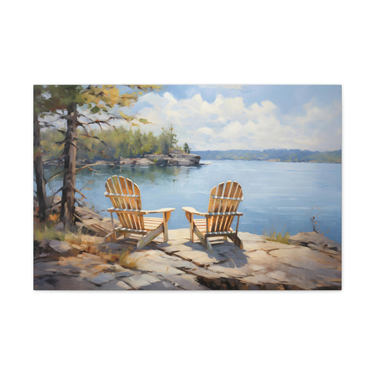 Lake View from Adirondack Chairs - Impressionist Digital Canvas Art - Digital Oil Painting Artwork - Craftsman Style Wall Art