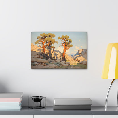 Outcrop of Trees in a Desert Dusk Oasis - Impressionist Digital Canvas Art - Digital Oil Painting Artwork - Craftsman Style Wall Art