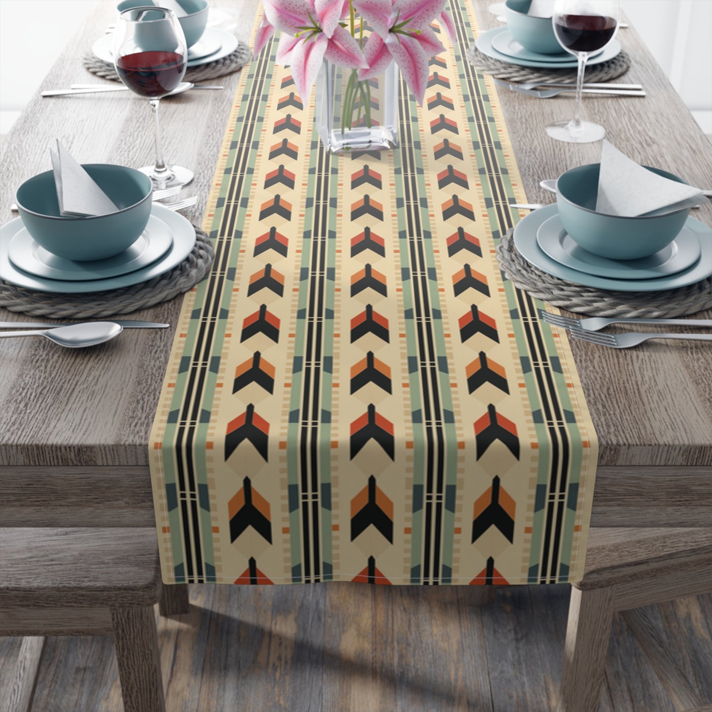 Mid-Century Modern Geometric Arrow Table Runner in Warm Earth Tones