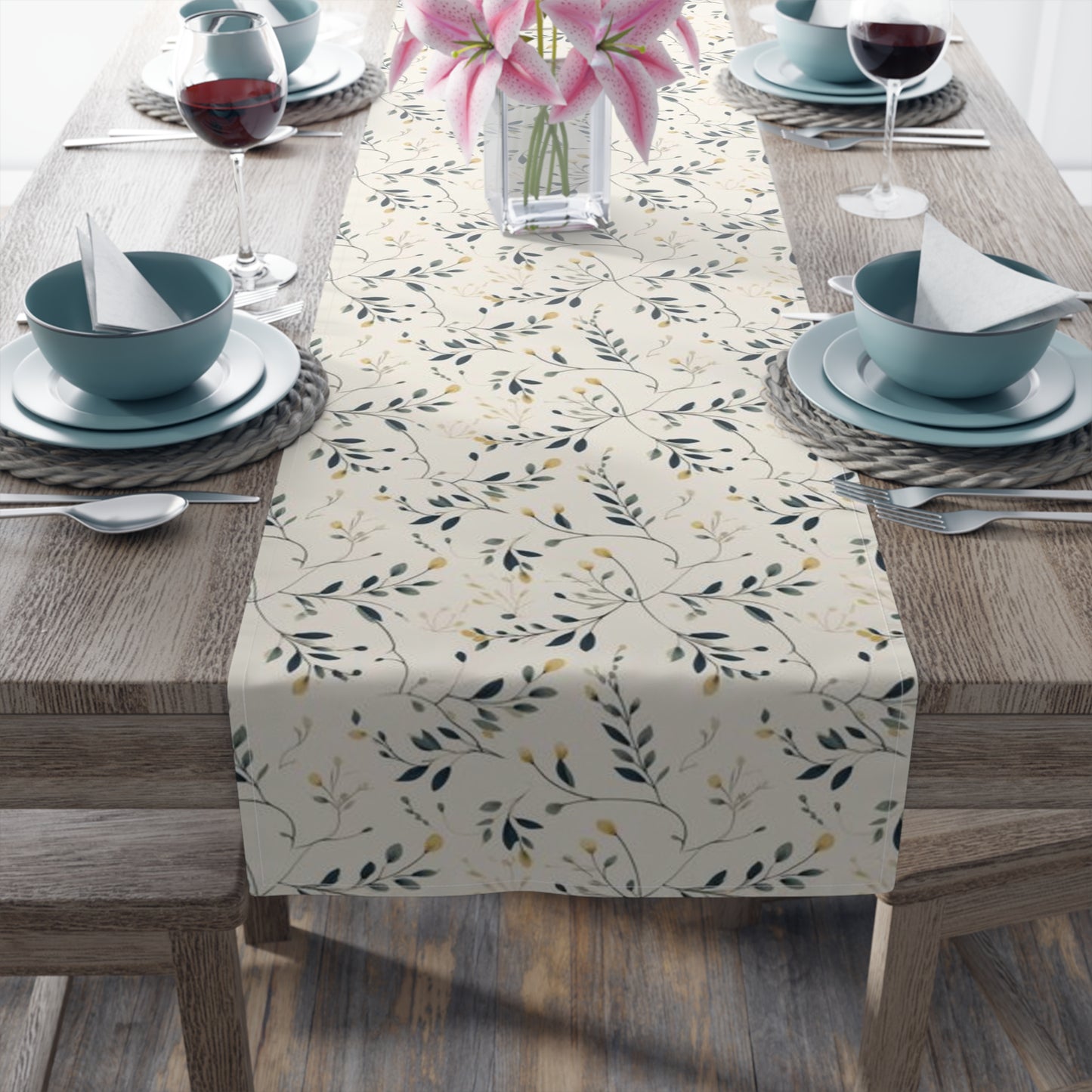 Vintage style Botanical Table Runner - Slender Leaves and Buds