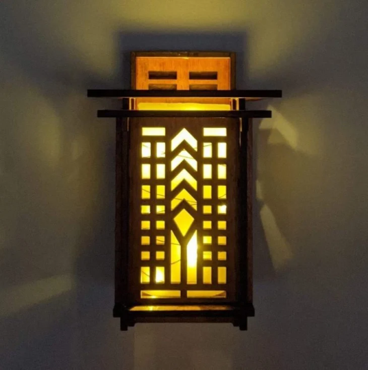 Tree of Life wood wall lantern ~ Frank Lloyd Wright inspired designs ~ Wood home decor for Craftsman style home ~ Wall lantern for LED candle